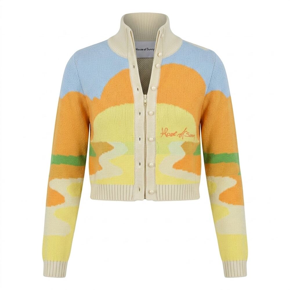 House of Sunny Multicolor Landscape Knit Crop Zip Cardigan Women Size 4